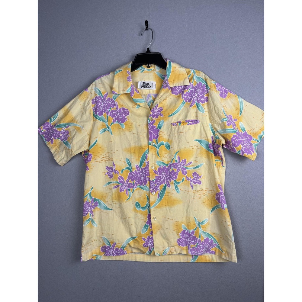 VTG Hilo Hattie Shirt Mens Extra Large Yellow Purple Floral Hawaiian Camp Collar